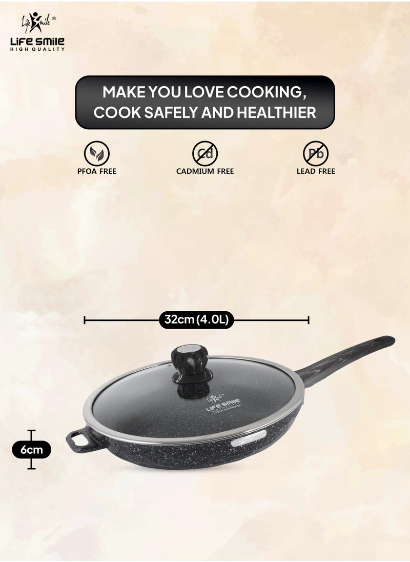 LIFE SMILE Frying Pan Big Size With Lid - Multi Layer Granite Coating Fry Pan | 100% PFOA FREE | Heat-Resistant Handle Hanging Loop | Induction Base (Dark Black, 32 CM (4 Liters))