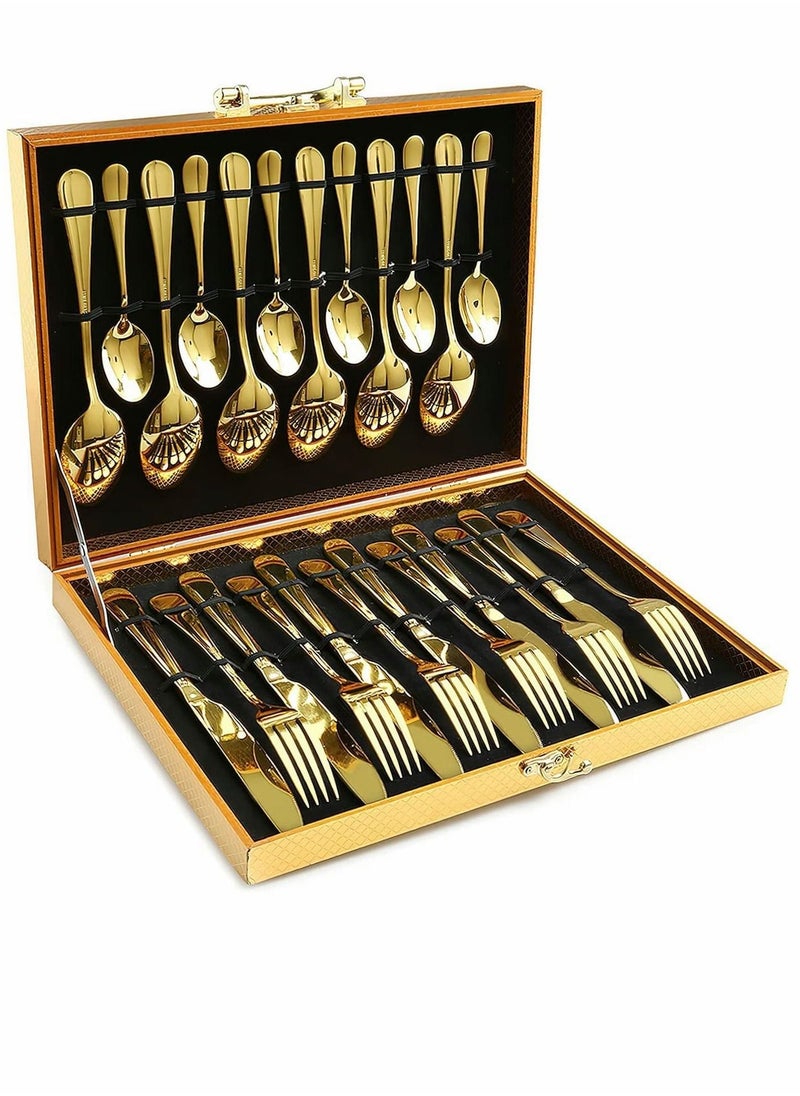 Gold Silverware Set, 24PCS Gold Forged Stainless Steel Flatware Set, Tableware Service for 4, Kitchen Utensil Set for Home, Restaurant, Dishwasher Safe, Western Cutlery Knife, Fork Spoon Gift Box Set