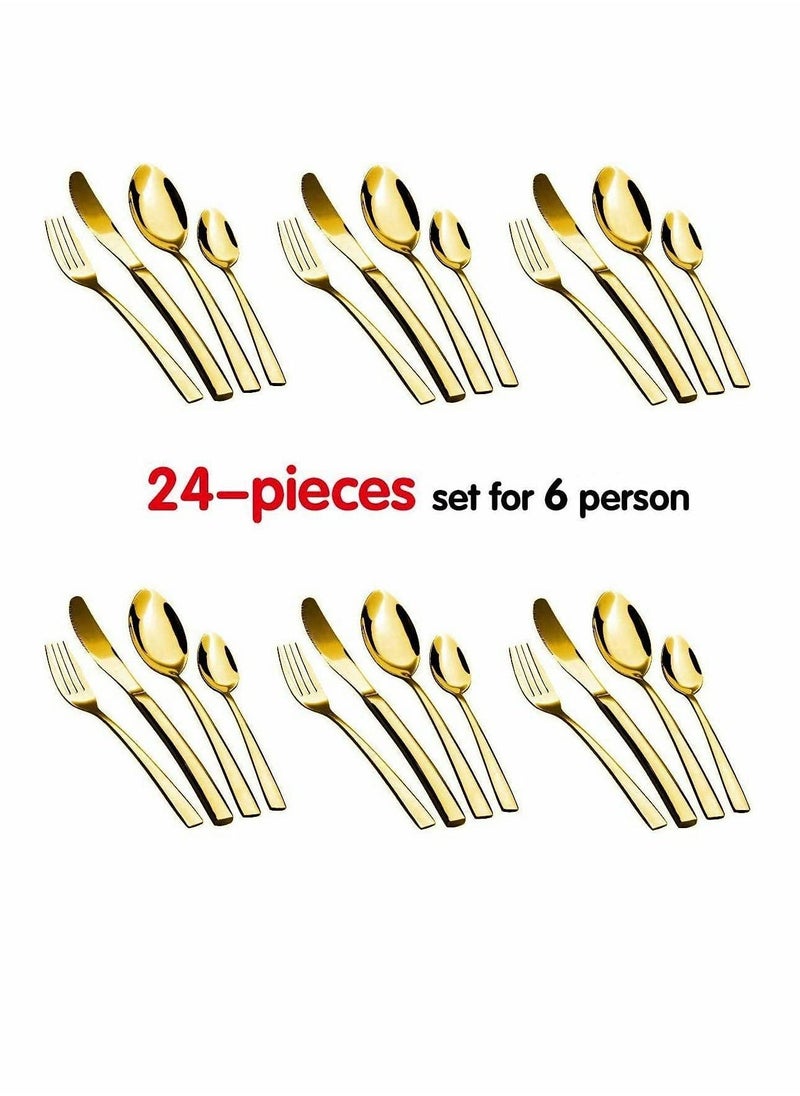 Gold Silverware Set, 24PCS Gold Forged Stainless Steel Flatware Set, Tableware Service for 4, Kitchen Utensil Set for Home, Restaurant, Dishwasher Safe, Western Cutlery Knife, Fork Spoon Gift Box Set