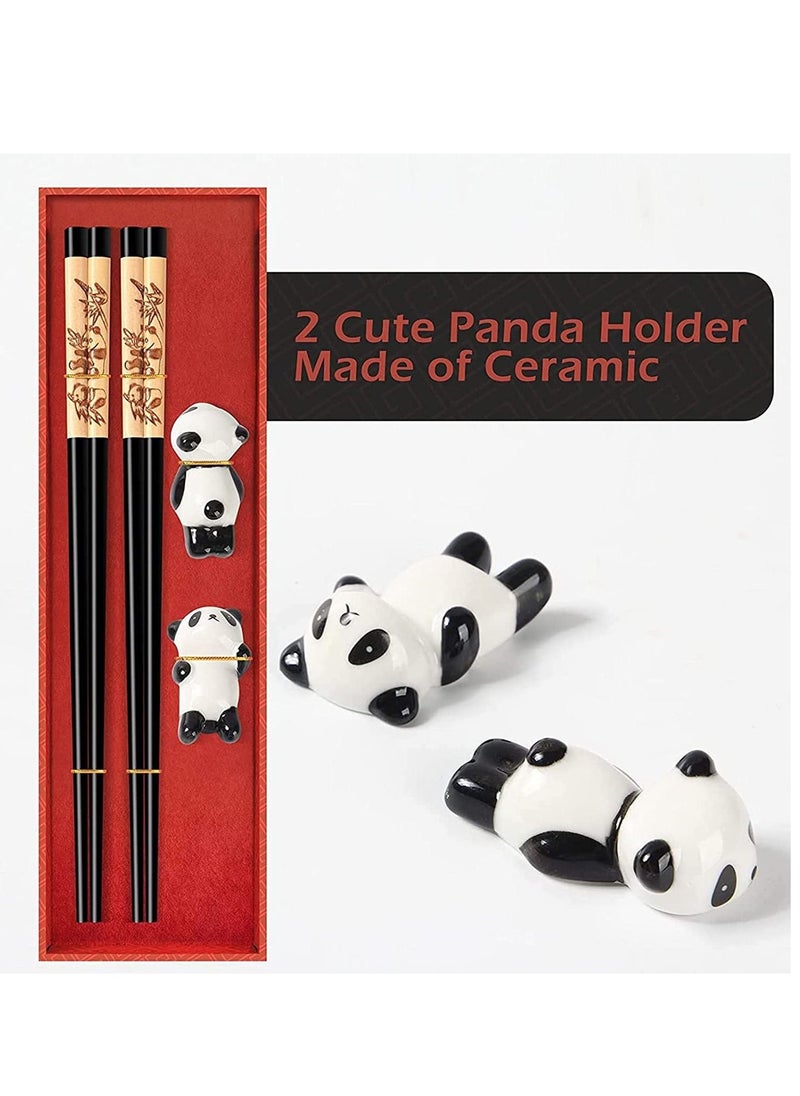 Chopsticks and Chopsticks Panda Holder,2 Pairs Reusable Chopsticks with Delicate box, Washable and Dishwasher Safe, Natural Wooden Chinese Japanese Korean Classic Stylish Easy To Use Non-Slip