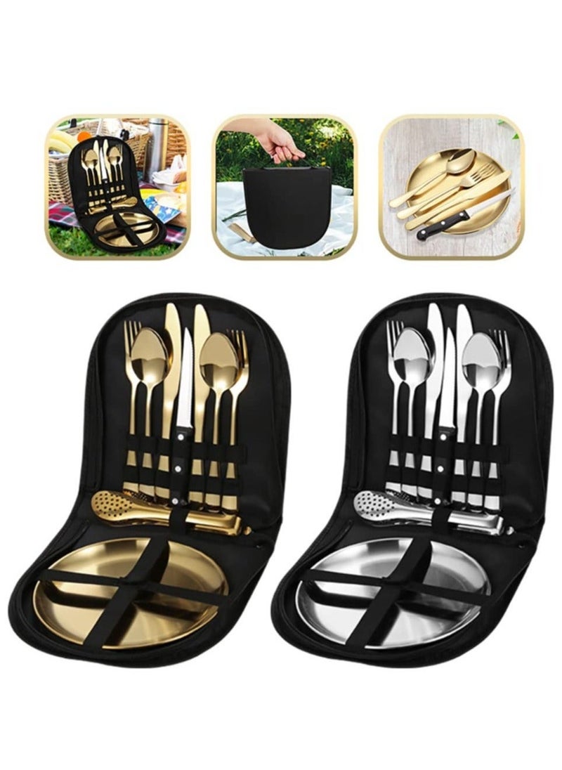 Stainless Steel Tableware Set for Camping and Picnics - Portable 10 Piece Kit with Knife, Fork, Spoon, Plate, and Steak Clip