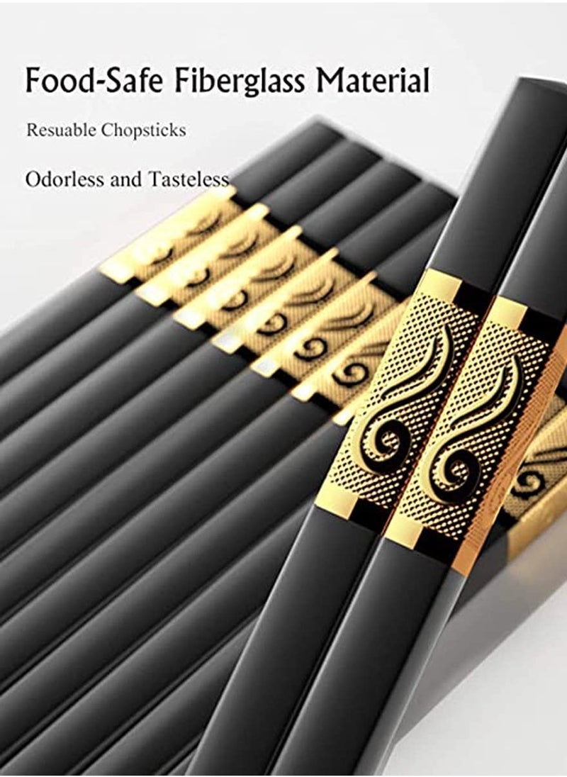 10 Pairs Reusable Chopsticks Dishwasher Safe, Fiberglass Chop Sticks Multipack Metal Japanese Korean Chopsticks for Food, BPA-Free, Safe, Gift, Smooth Touch, Black and Gold