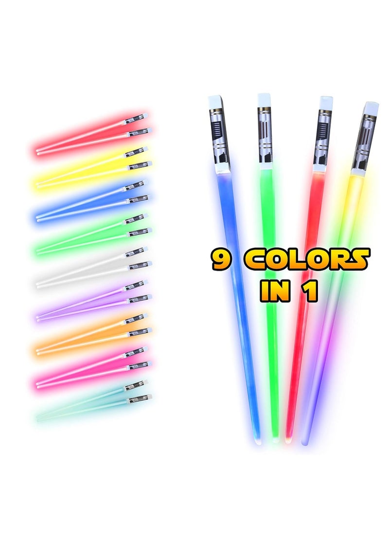 LED Light Up Lightsaber Chopsticks, 2 Pairs 9 Colors, Reusable Durable Eco-Friendly Lightweight Portable BPA Free Food Safe Kitchen Dinner Party Utensil Tableware Toy Gift