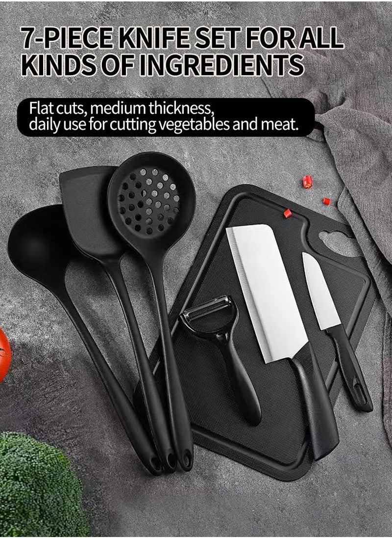 Cookware 7-Piece Knife Set, Stainless Steel Knife Set of 3, Silicone Soup Spoon Set of 3 with Cutting Board, Black