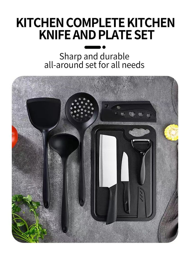 Cookware 7-Piece Knife Set, Stainless Steel Knife Set of 3, Silicone Soup Spoon Set of 3 with Cutting Board, Black