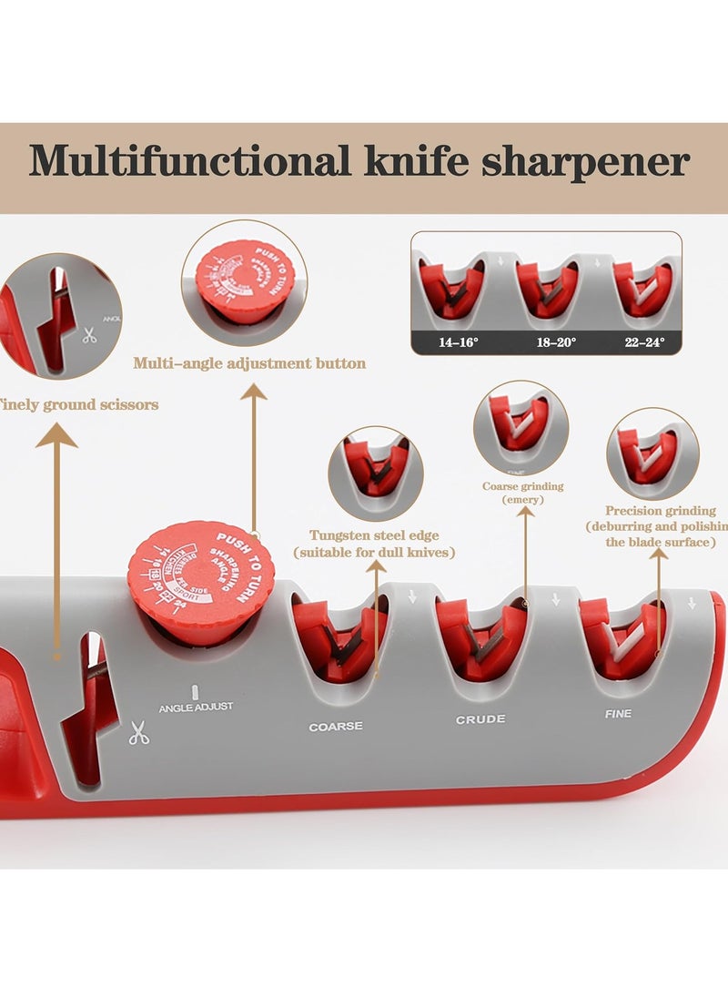 Manual Adjustable 4 in 1 Kitchen Knife Sharpener with Cut Resistant Gloves, 3-Level Knife and Scissors Sharpening Tool, Helps, Repairs, Grinds and Polishes Blades (Red and Gray)