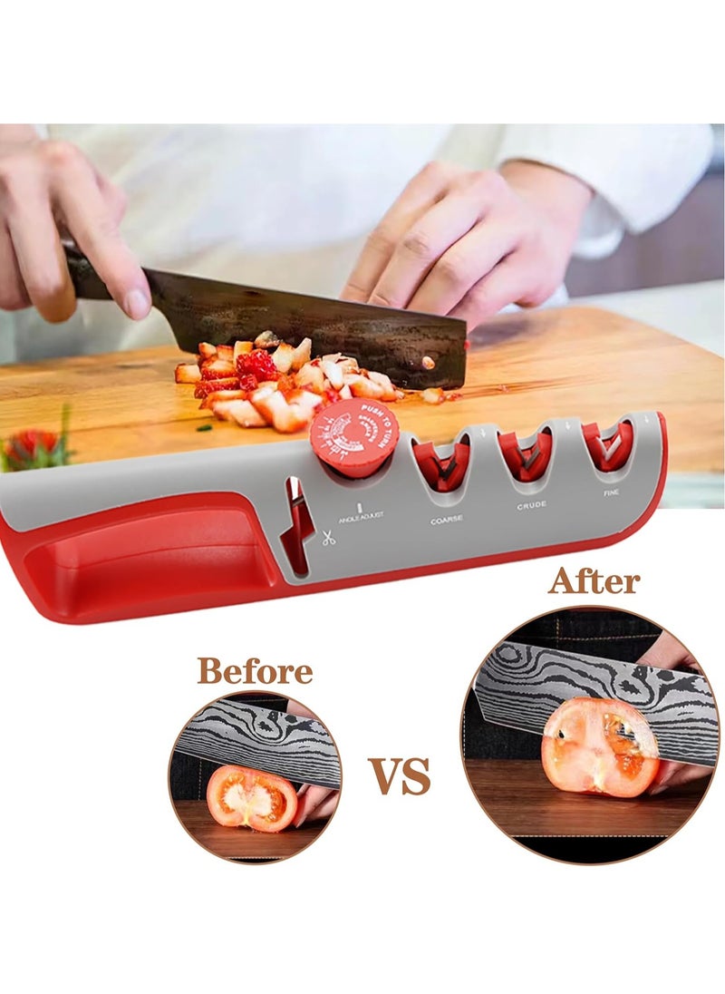 Manual Adjustable 4 in 1 Kitchen Knife Sharpener with Cut Resistant Gloves, 3-Level Knife and Scissors Sharpening Tool, Helps, Repairs, Grinds and Polishes Blades (Red and Gray)