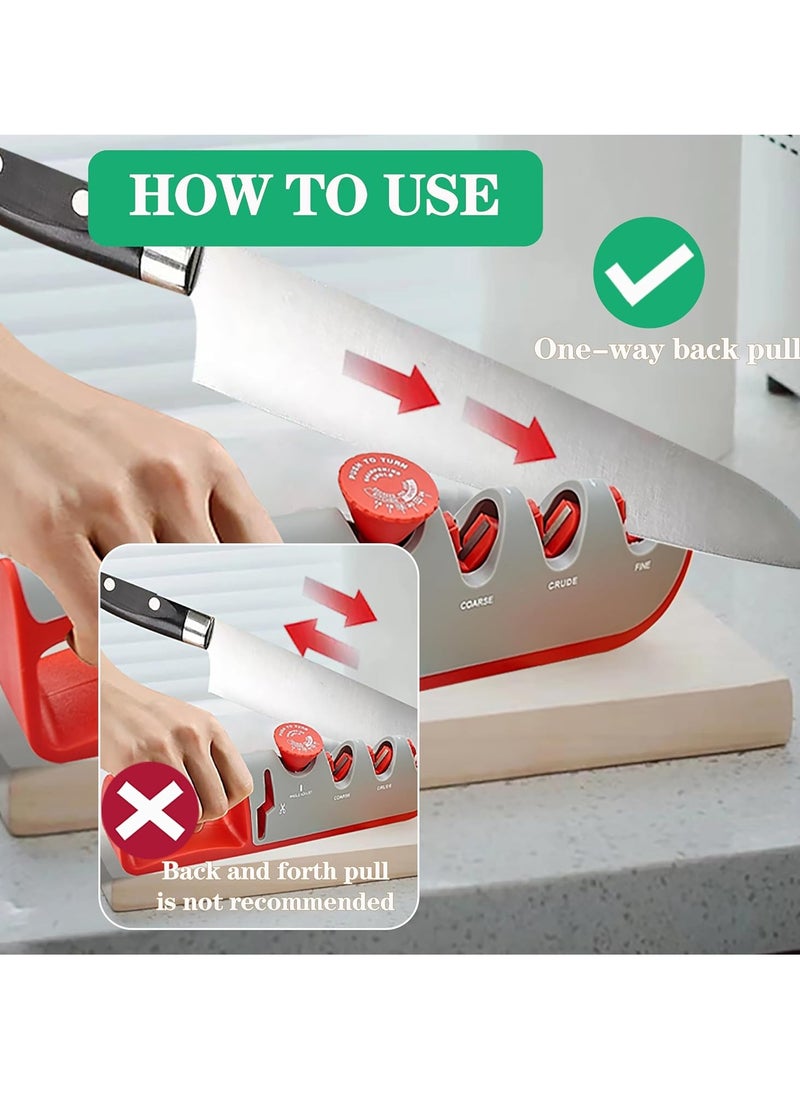 Manual Adjustable 4 in 1 Kitchen Knife Sharpener with Cut Resistant Gloves, 3-Level Knife and Scissors Sharpening Tool, Helps, Repairs, Grinds and Polishes Blades (Red and Gray)