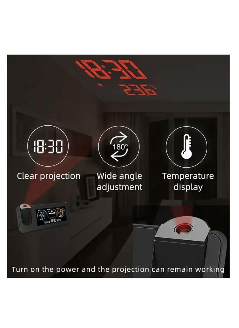 Projection Alarm Clock for Bedrooms Ceiling, Alarm Clock Radio with USB Charger Port, Temperature and Humidity Display, 180° Projector, Snooze, Weather Forecast, Dual Alarms, LED Display, 12/24H