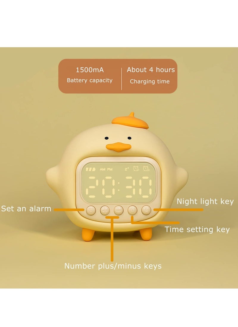 lovely Alarm Clock Kid's Fun Duck Wake Up Alarm Clock Silicone Rechargeable Portable Lamp Night Light for Kids' Bedroom Decoration Birthday Gift Yellow