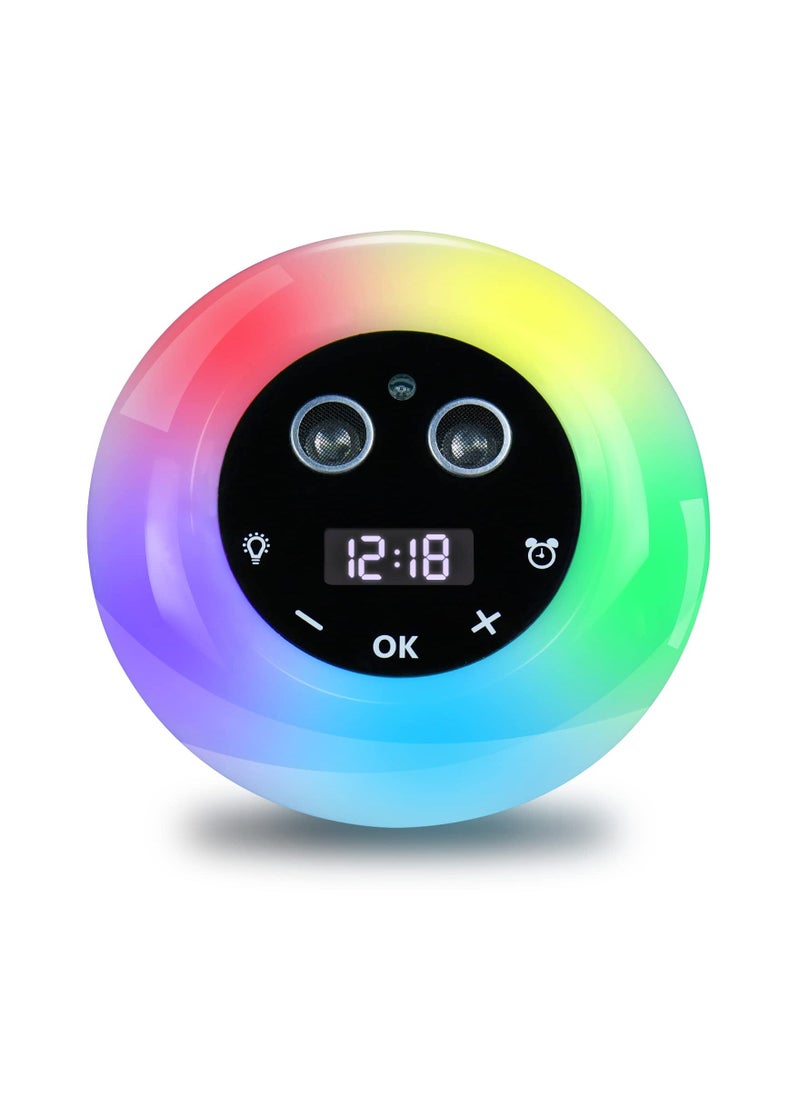 Kids Night Light Alarm Clock, Toddler Sleep Training Clock with 7 Color Night Light and Voice Wake Function, 0-100% Dimming for Kids Bedside Bedroom Clock, Girl/Boy Bedroom Gift.