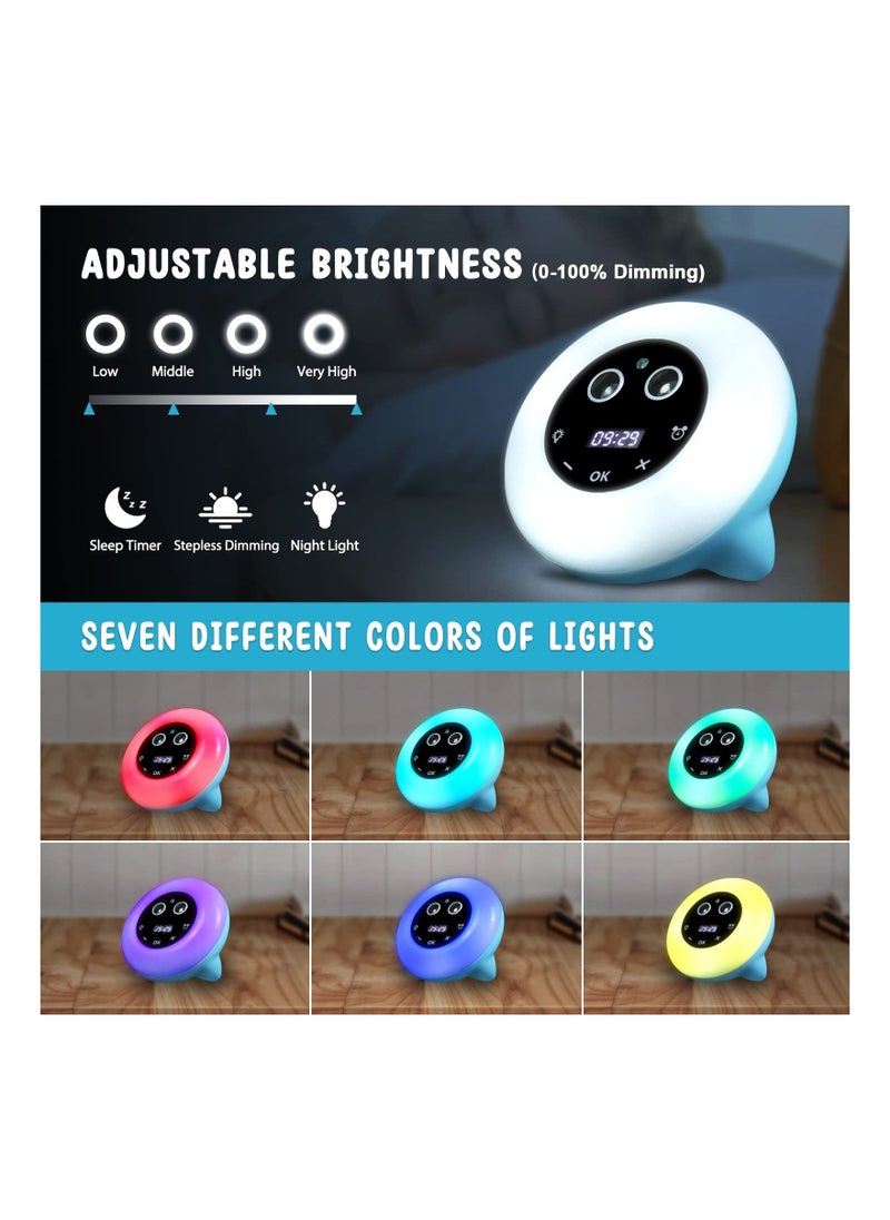 Kids Night Light Alarm Clock, Toddler Sleep Training Clock with 7 Color Night Light and Voice Wake Function, 0-100% Dimming for Kids Bedside Bedroom Clock, Girl/Boy Bedroom Gift.