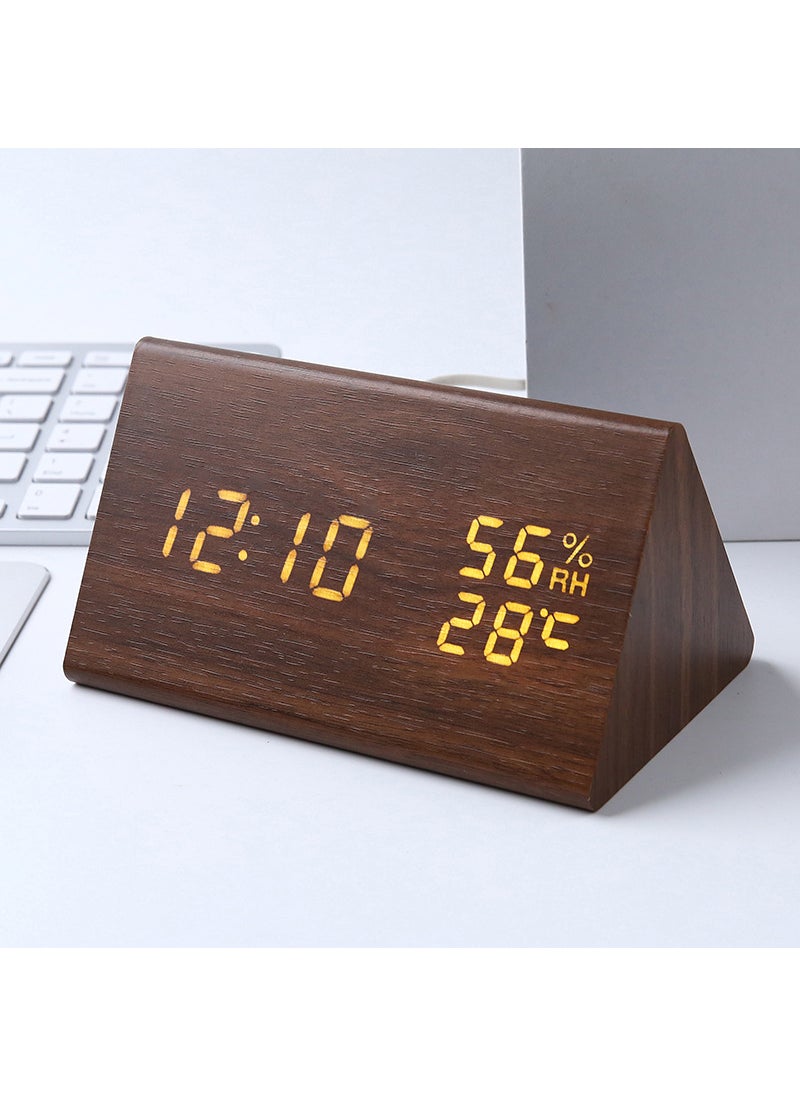 Factory sold wooden digital alarm clock temperature and humidity clock LED wooden clock triangle electronic clock led wooden clock Brown White-Triangle