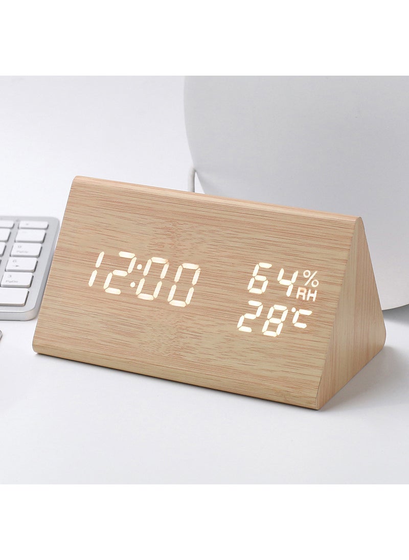 Factory sold wooden digital alarm clock temperature and humidity clock LED wooden clock triangle electronic clock led wooden clock Bamboo White-Triangle