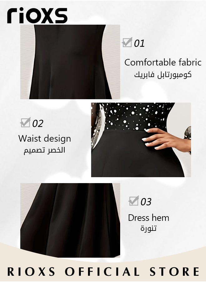 Womens Dotted Puff Sleeves Dress, Tulle Prom Long Dress, Bodycon Dress Mermaid Evening Party Gown, Round Neck High Waist Slimming Dress For Formal Occasions, Stunning Women's Dotted Long Dress