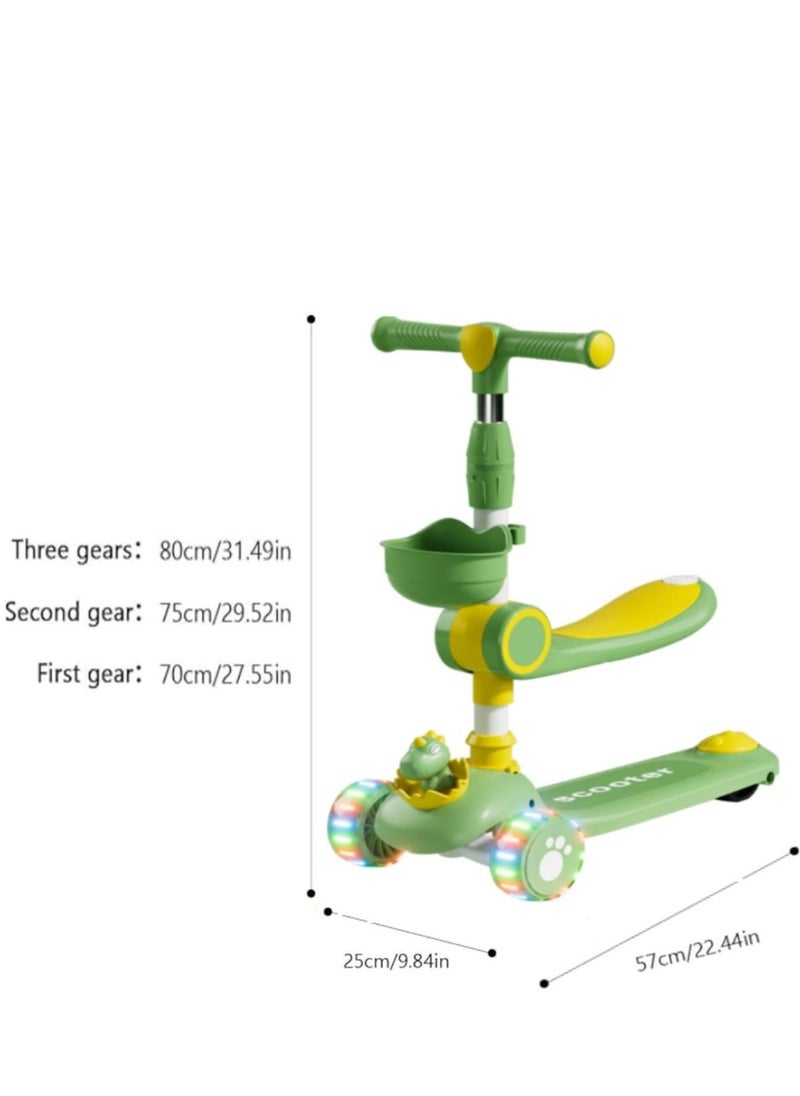 3 Wheel Scooter for Kids - Foldable & Unbreakable, 2-in-1 Kick Scooter with Music and Lights, Adjustable Height, Wide Deck, Flashing Wheel Light (Green Plus)