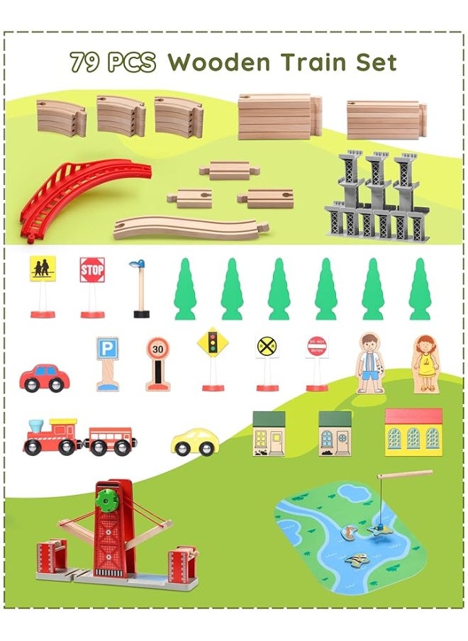 SainSmart Jr. Wooden Train Set for Toddler, 78 PCS Wood Train Track with 4 Cars Fits Brio, Thomas, Melissa and Doug, Gift Packed Toy Railway Kit for Kids Ages 3+