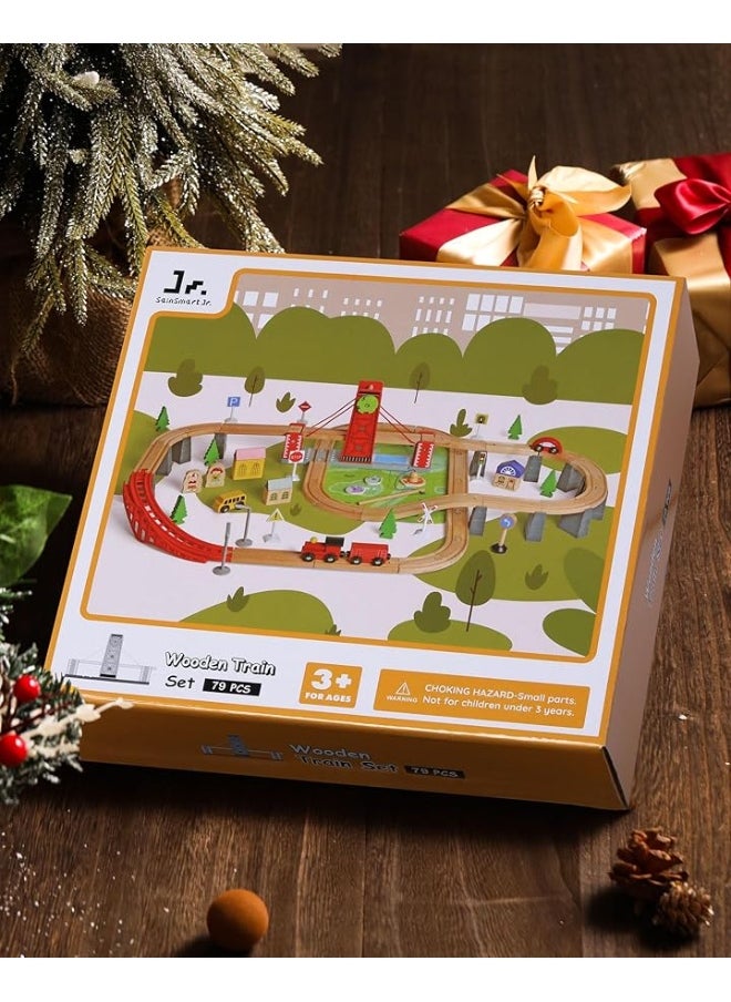 SainSmart Jr. Wooden Train Set for Toddler, 78 PCS Wood Train Track with 4 Cars Fits Brio, Thomas, Melissa and Doug, Gift Packed Toy Railway Kit for Kids Ages 3+