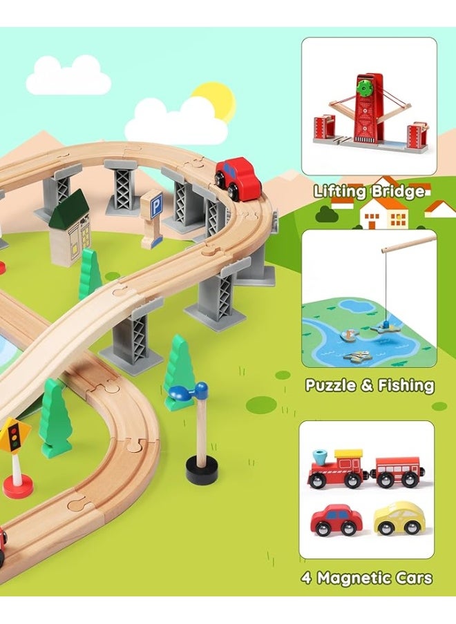 SainSmart Jr. Wooden Train Set for Toddler, 78 PCS Wood Train Track with 4 Cars Fits Brio, Thomas, Melissa and Doug, Gift Packed Toy Railway Kit for Kids Ages 3+
