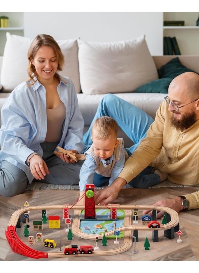 SainSmart Jr. Wooden Train Set for Toddler, 78 PCS Wood Train Track with 4 Cars Fits Brio, Thomas, Melissa and Doug, Gift Packed Toy Railway Kit for Kids Ages 3+
