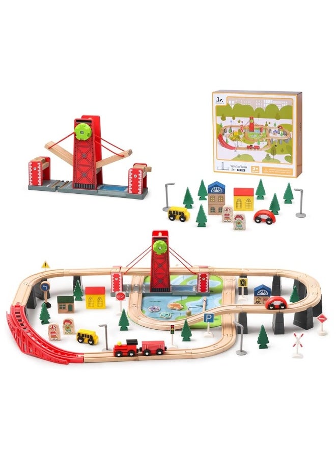 SainSmart Jr. Wooden Train Set for Toddler, 78 PCS Wood Train Track with 4 Cars Fits Brio, Thomas, Melissa and Doug, Gift Packed Toy Railway Kit for Kids Ages 3+