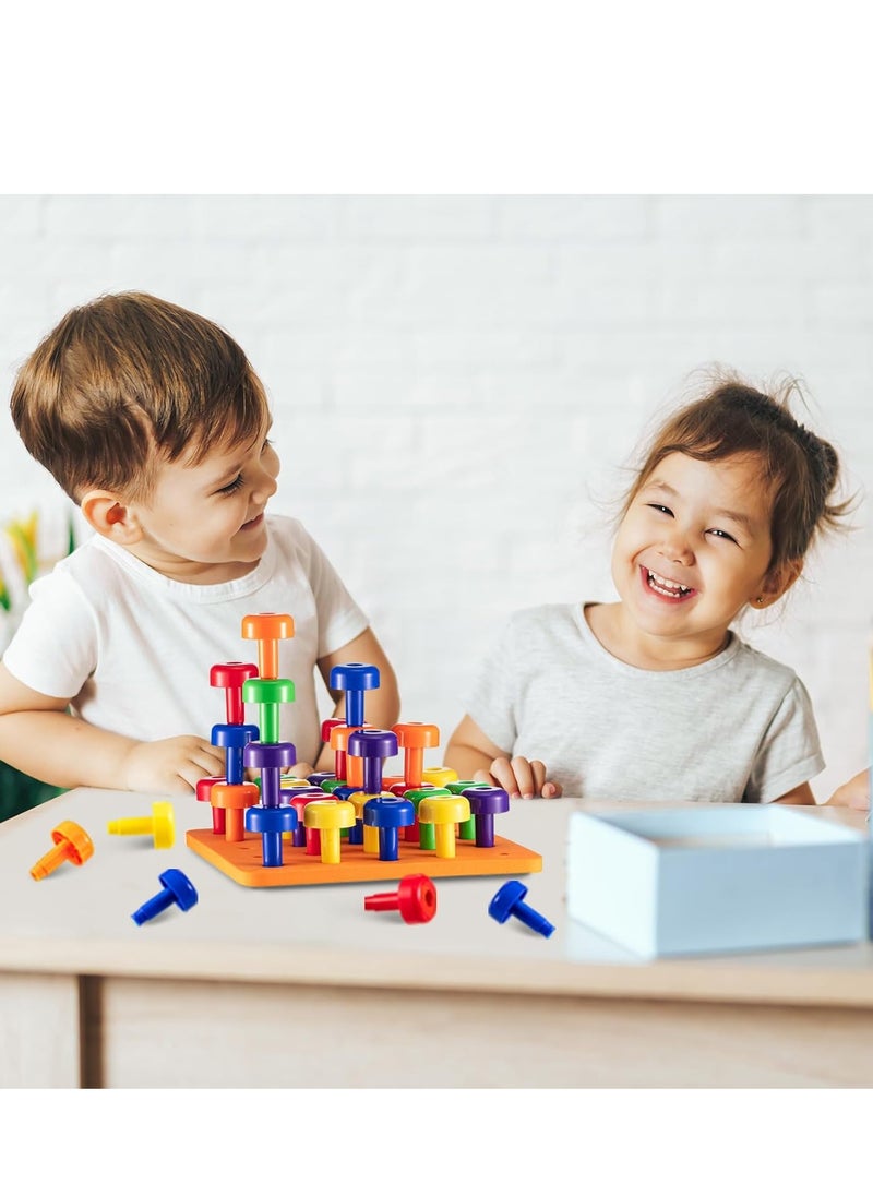 Montessori Peg Board Set Toy, Stackable Pegboard Game, Sorting & Stacking Games STEM Educational Toy, Color Matching & Shape Recognition Toy For Toddlers & Preschoolers Includes 30 Pegs and 1 Foam Board