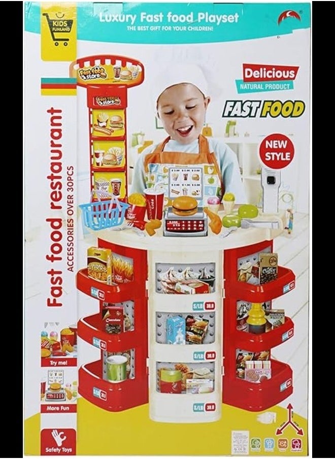 Kids Play Supermarket Set with Scanner - Pretend Play Grocery Shop Set - 47 Piece Complete Playset with Cash Register Credit Card Machine Scanner Shop Trolley and Food Gift for Boys and Girls