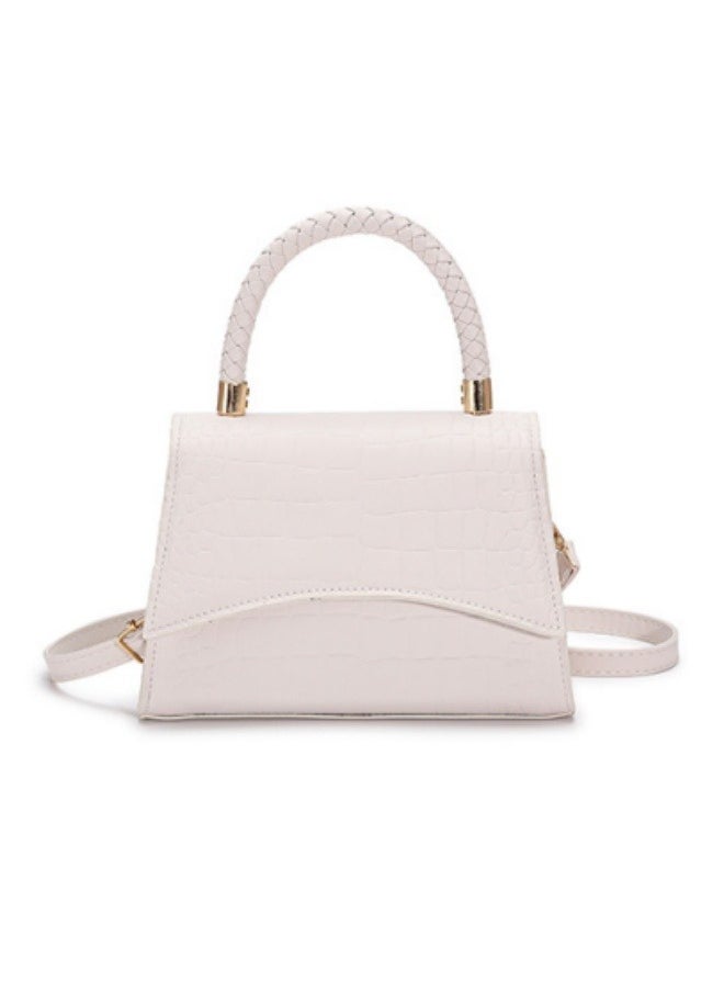 Ladies' Fashion Crocodile Leather Pattern Slant Hanging Small Square Bag, Woven with Handbag, Adjustable Shoulder Bag, Rice White