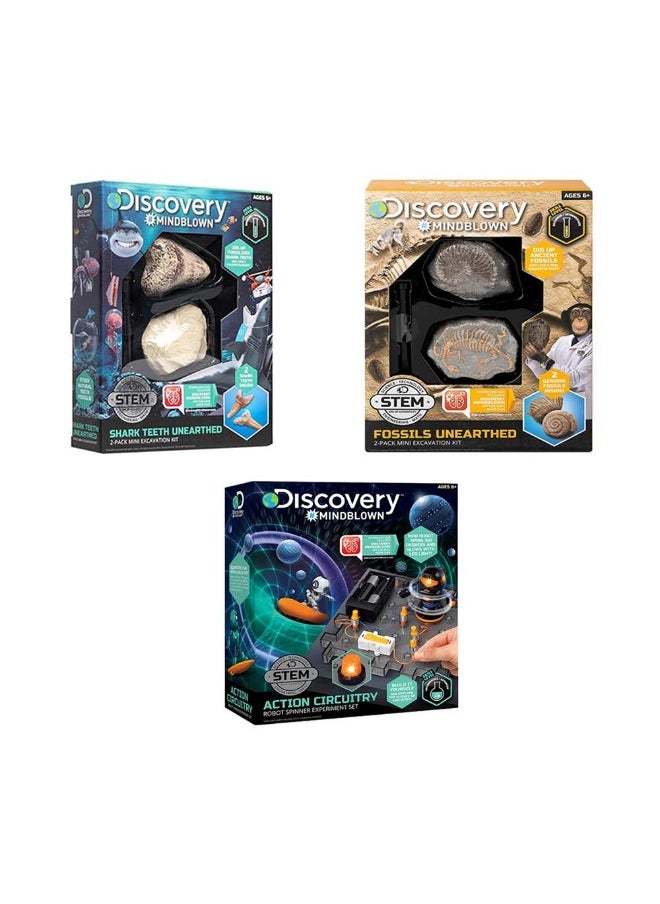 Discovery Mindblown Action Circuitry Robot Spinner Experiment Kit + Mini Shark Tooth Excavation Kit + Mini Fossil Excavation Kit Bundle