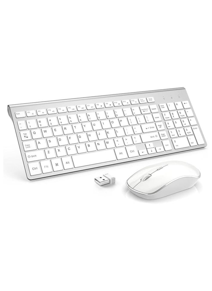 Wireless Keyboard and Mouse Combo,2.4G Slim Wireless Keyboard Mouse-Portable, Full Size, Ergonomic, 2400 DPI,Extreme Power Saving,Sleek Design-White+Silver (White)