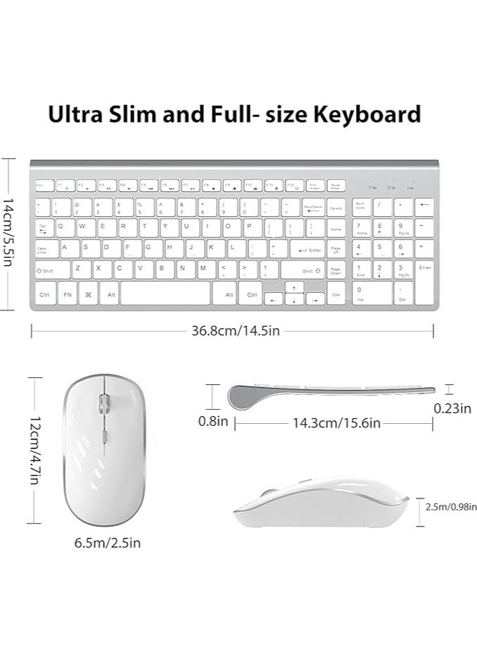 Wireless Keyboard and Mouse Combo,2.4G Slim Wireless Keyboard Mouse-Portable, Full Size, Ergonomic, 2400 DPI,Extreme Power Saving,Sleek Design-White+Silver (White)