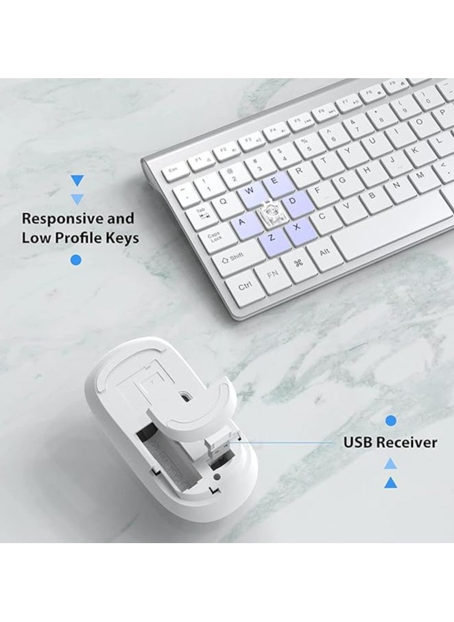 Wireless Keyboard and Mouse Combo,2.4G Slim Wireless Keyboard Mouse-Portable, Full Size, Ergonomic, 2400 DPI,Extreme Power Saving,Sleek Design-White+Silver (White)