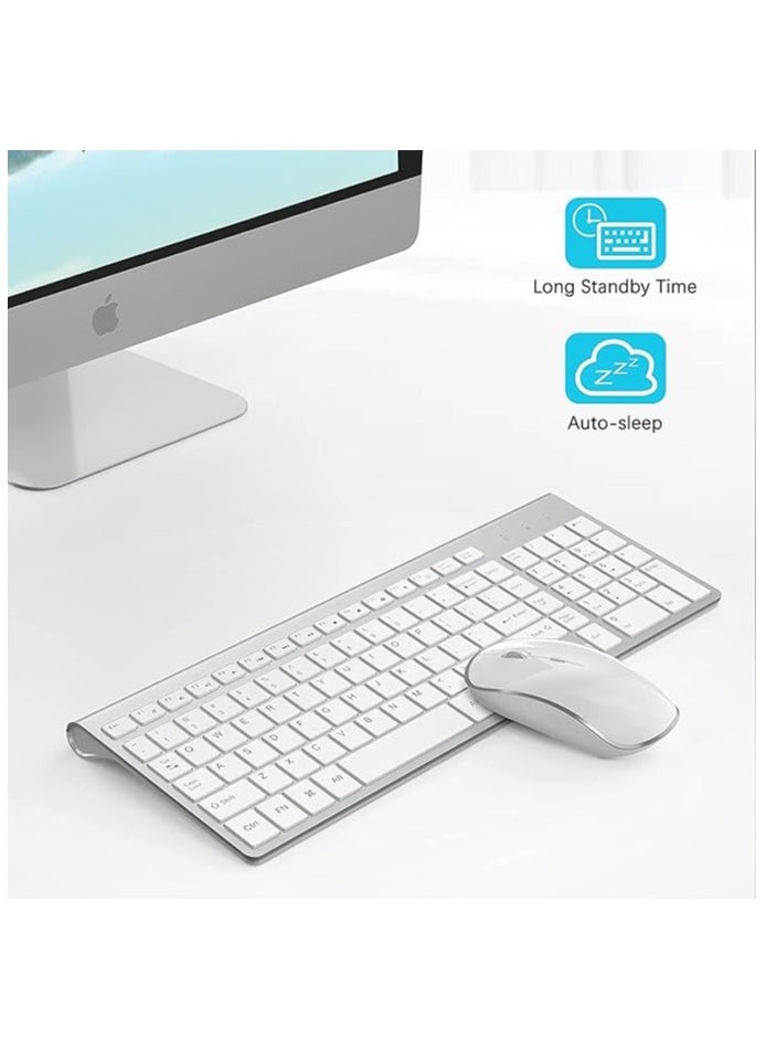 Wireless Keyboard and Mouse Combo,2.4G Slim Wireless Keyboard Mouse-Portable, Full Size, Ergonomic, 2400 DPI,Extreme Power Saving,Sleek Design-White+Silver (White)