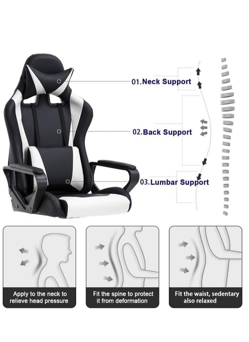 Adjustable Racing Gaming Chair, Ergonomic Design Lumbar High Back PU Leather with Comfortable Armrest and Headrest, White/Black