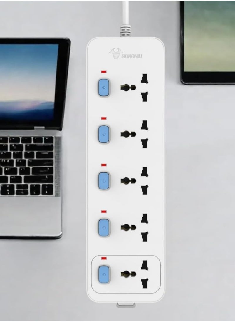 White Electric Extension Socket - 5-Way Surge Protected Power Strip with Child Safety Shutters, Individual Switches, LED Indicator, 3M & 5M Long Cord, Universal Compatibility