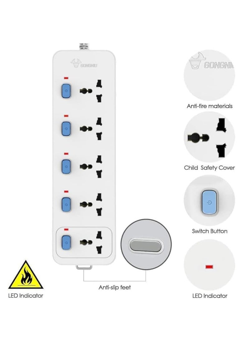White Electric Extension Socket - 5-Way Surge Protected Power Strip with Child Safety Shutters, Individual Switches, LED Indicator, 3M & 5M Long Cord, Universal Compatibility