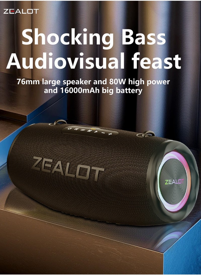 ZEALOT S87 80W Bluetooth Speakers 16000mAh Battery 36 Hours Playtime, Outdoor Portable Waterproof IPX5 Subwoofer Speaker, Dual Pairing Fast Charging Loud Stereo, Booming Bass TF Card USB TWS