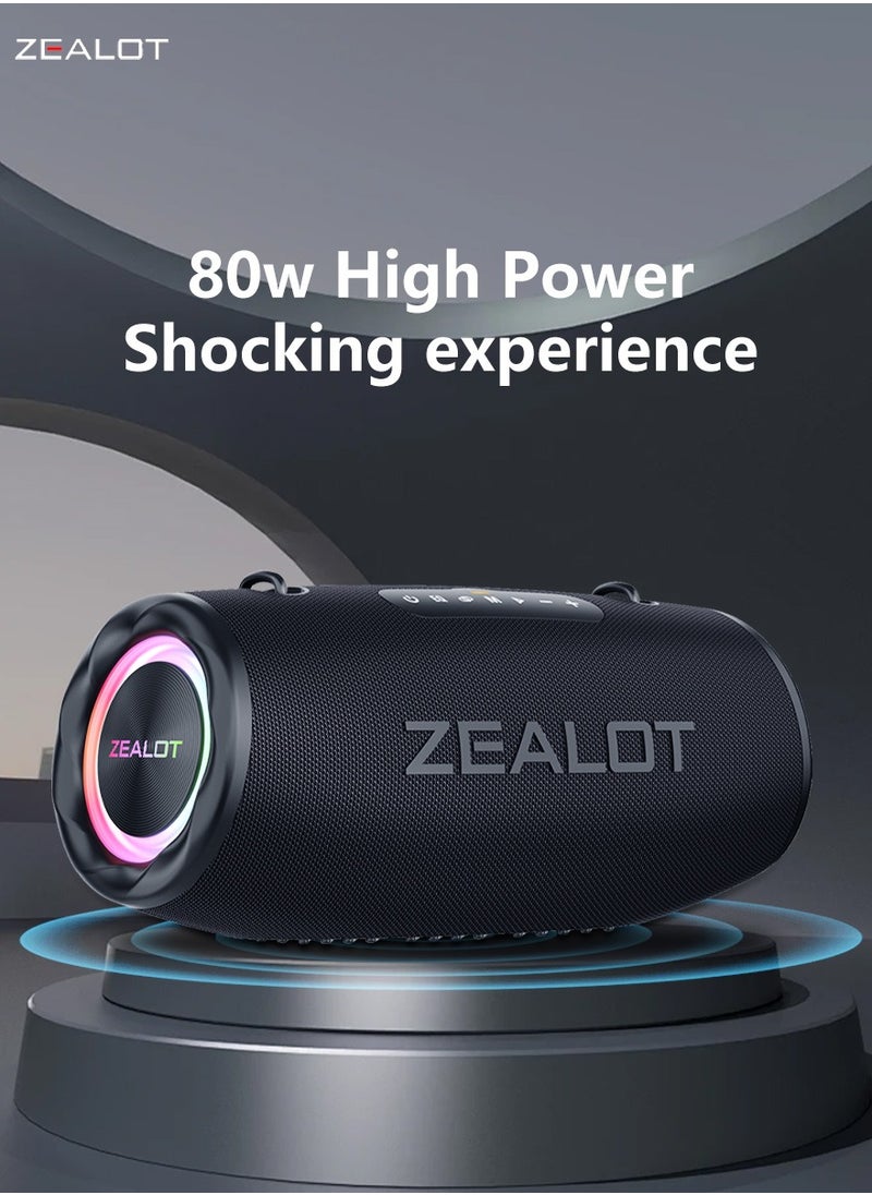 ZEALOT S87 80W Bluetooth Speakers 16000mAh Battery 36 Hours Playtime, Outdoor Portable Waterproof IPX5 Subwoofer Speaker, Dual Pairing Fast Charging Loud Stereo, Booming Bass TF Card USB TWS