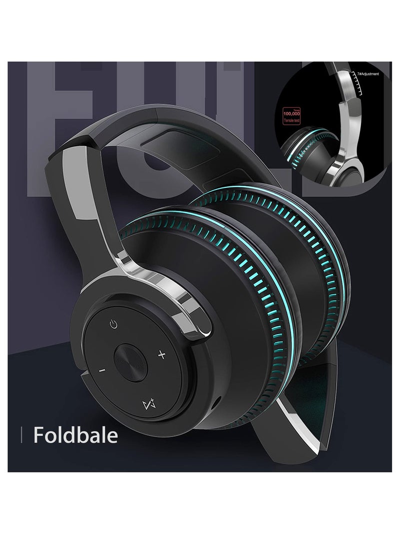 Wireless Headphones Over Ear, LED Light Up Wireless Bluetooth Headphones, Hi-Fi Stereo Headphones with Microphone, Foldable Lightweight Headphones for Travel, Office, Cellphone, PC, Black