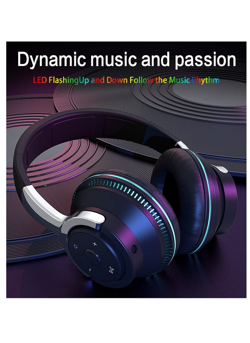 Wireless Headphones Over Ear, LED Light Up Wireless Bluetooth Headphones, Hi-Fi Stereo Headphones with Microphone, Foldable Lightweight Headphones for Travel, Office, Cellphone, PC, Black