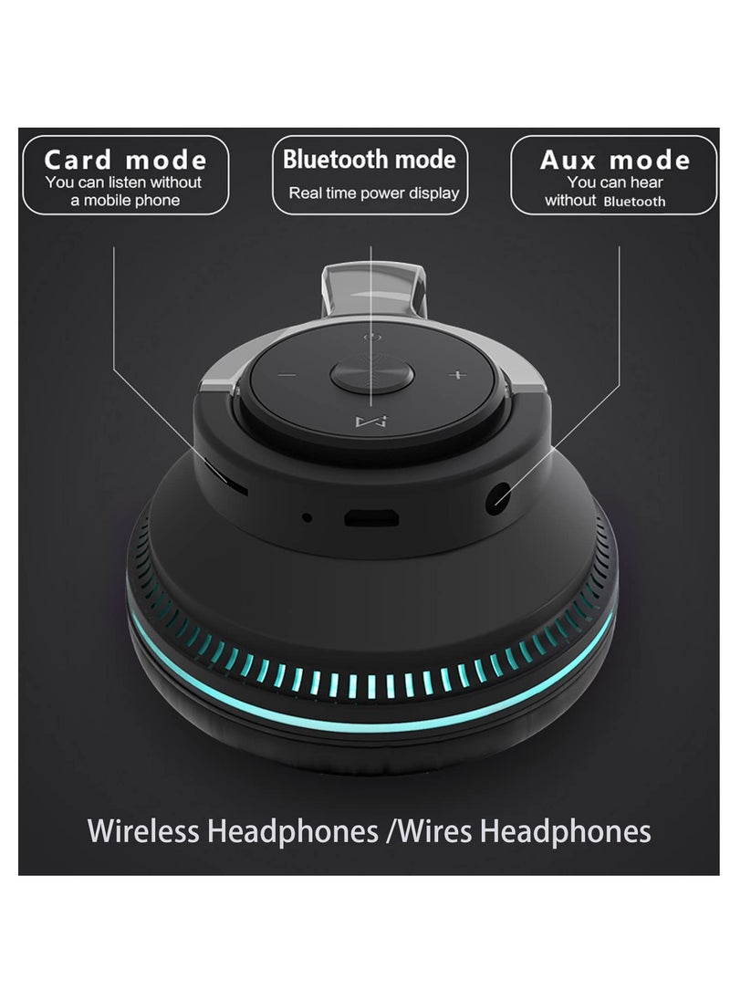 Wireless Headphones Over Ear, LED Light Up Wireless Bluetooth Headphones, Hi-Fi Stereo Headphones with Microphone, Foldable Lightweight Headphones for Travel, Office, Cellphone, PC, Black