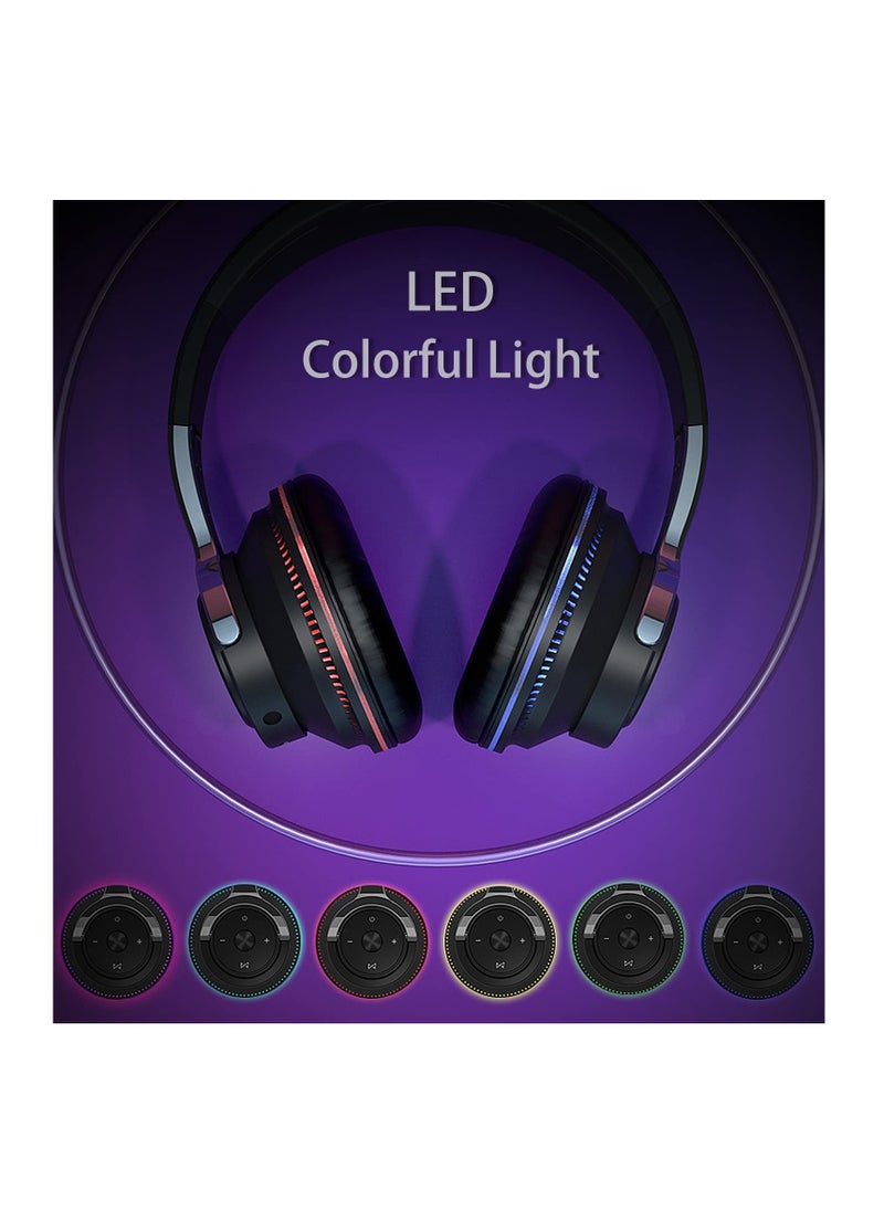 Wireless Headphones Over Ear, LED Light Up Wireless Bluetooth Headphones, Hi-Fi Stereo Headphones with Microphone, Foldable Lightweight Headphones for Travel, Office, Cellphone, PC, Black