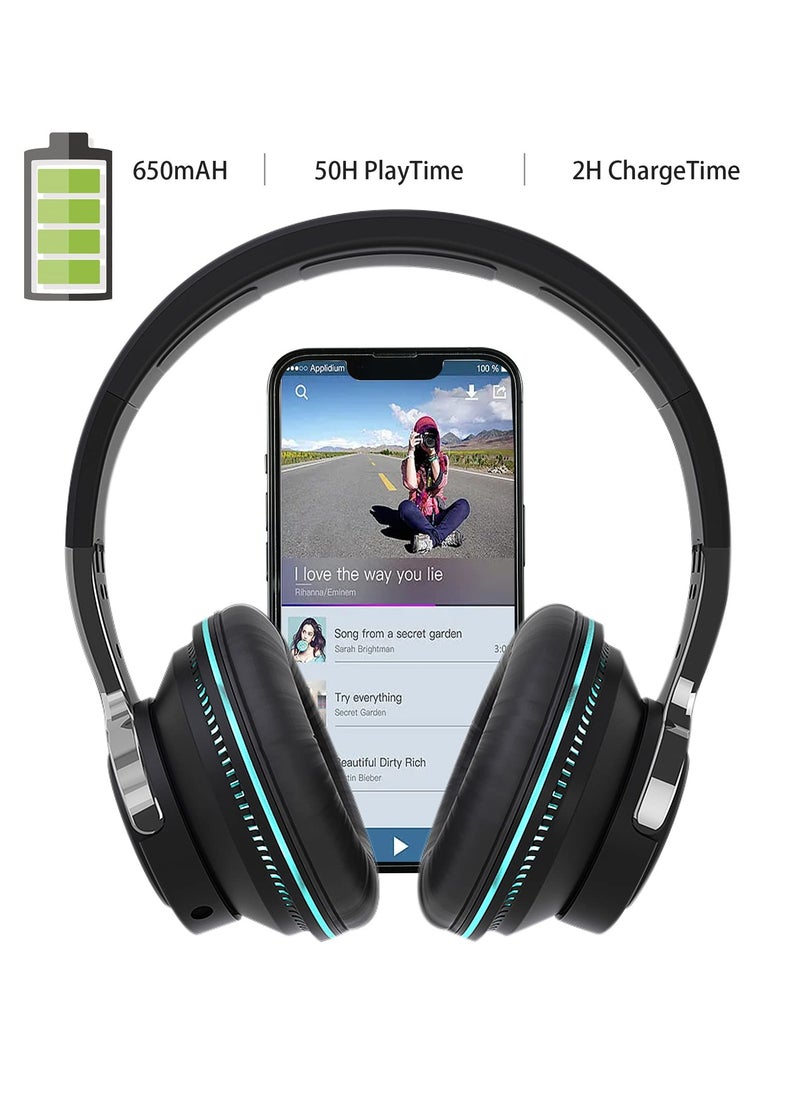 Wireless Headphones Over Ear, LED Light Up Wireless Bluetooth Headphones, Hi-Fi Stereo Headphones with Microphone, Foldable Lightweight Headphones for Travel, Office, Cellphone, PC, Black