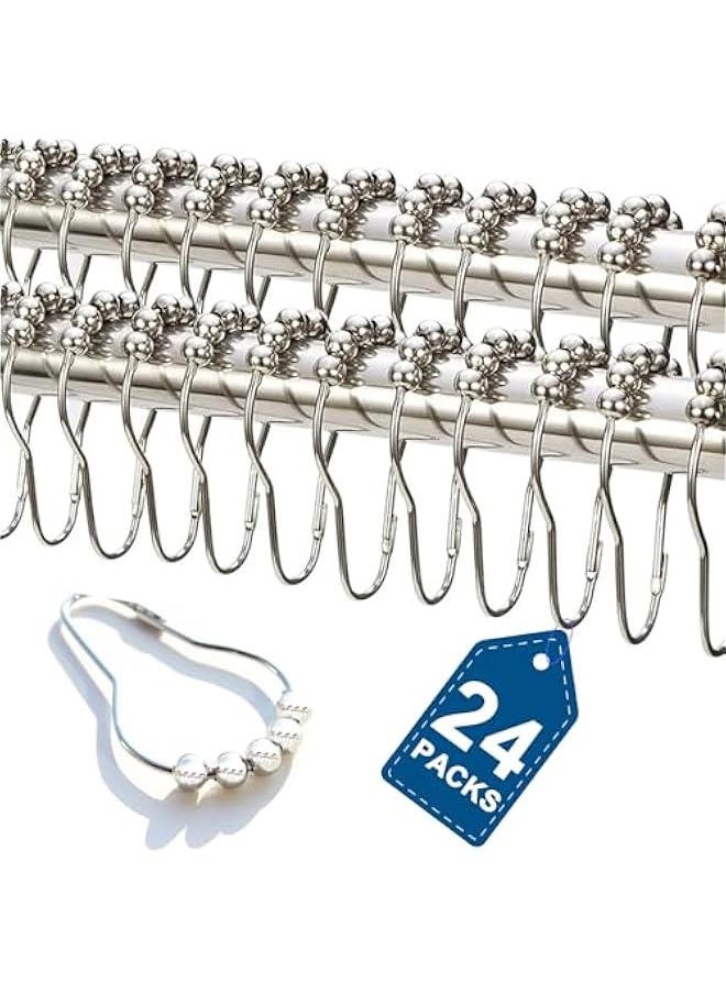 24PCS Stainless Steel Shower Curtain Hooks Rust Proof, Shower Curtain Rings Polished Nickel, Heavy Curtain Rod Rings for Bathroom, Durable Bathroom Decor Hooks Chrome Silver