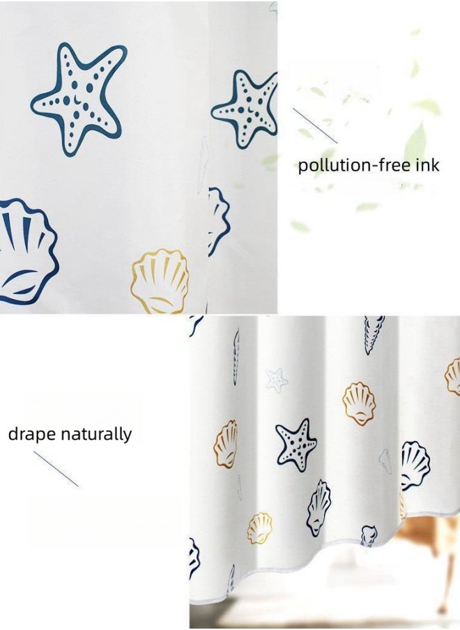 Ocean Beach Shell Starfish Theme Shower Curtain, Suitable for Bathroom Decoration, Ocean Underwater Waterproof Fabric Shower Curtain Set with Hooks, 180*200 cm