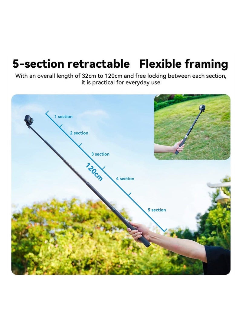 Invisible Selfie Stick for GoPro Insta360 (120cm/47.2 inch), Lightweight Carbon Fiber Extension Pole for Go Pro Max Hero 11 10 9 8 7 6 5 One X2 X3 DJI Action 2 3 AKASO 360 Camera