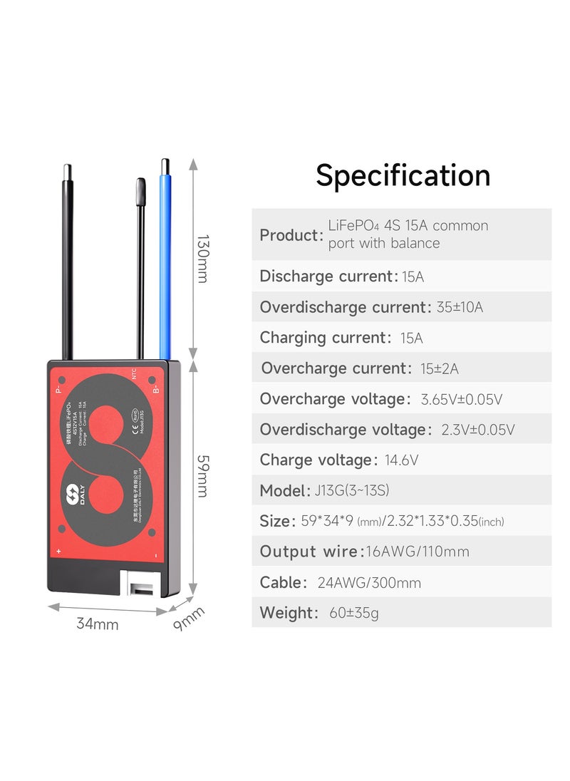 DALY 4S 12V 15A LiFePO4 Battery Management System (BMS) – Hardware Version for Electric Bikes, Scooters, Solar Applications, and Portable Power Systems