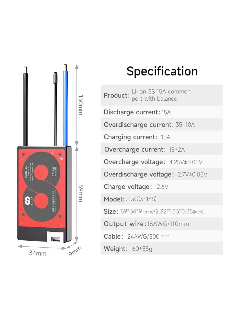 DALY 3S 12V 15A Li-ion Battery Management System (BMS) – Hardware Version for Electric Bicycles, Scooters, Wheelchairs, and Portable Power Solutions