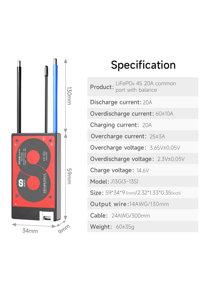 DALY 4S 12V 20A LiFePO4 Battery Management System (BMS) – Hardware Version for Safe and Reliable 12V Lithium Iron Phosphate Battery Protection