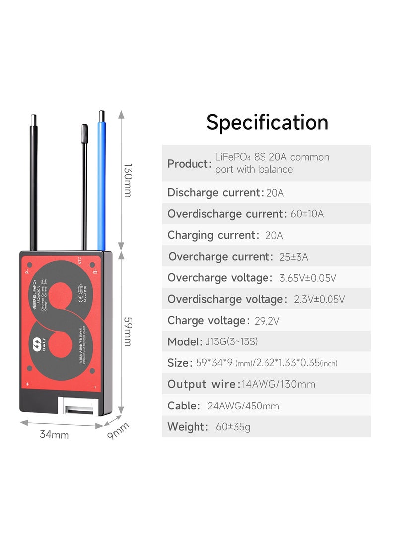 DALY 8S 24V 20A LiFePO4 Battery Management System (BMS) – Hardware Version for Electric Bikes, Scooters, and 24V LiFePO4 Power Storage Applications